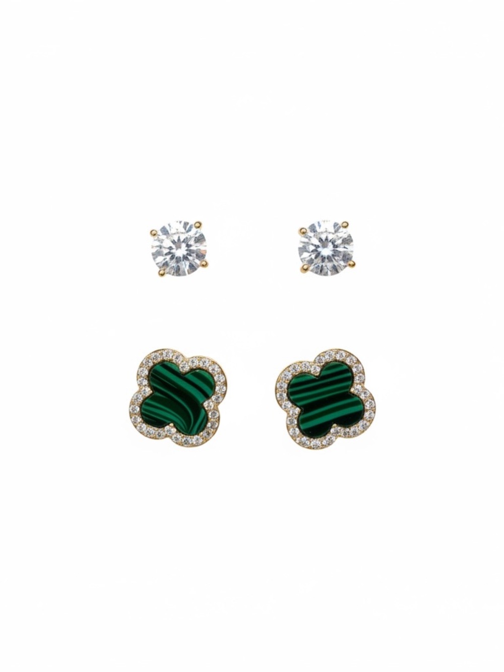 Stella Rose London Gold Plated Earring Set Malachite‎ Clover & Clear Studs